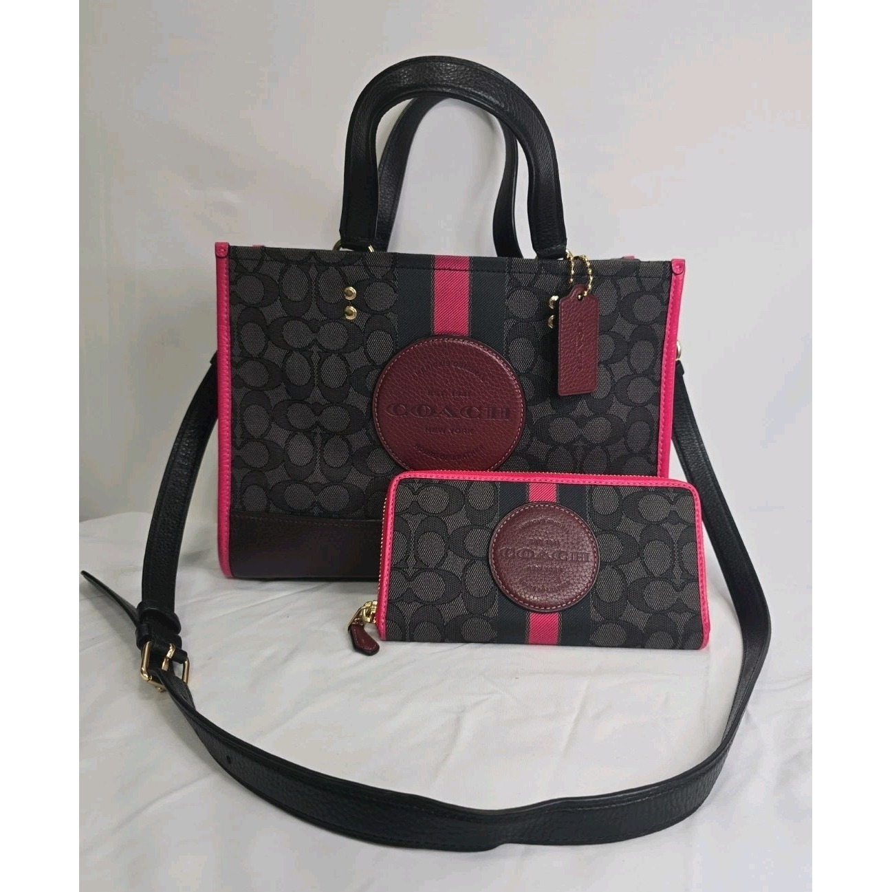 Coach Dempsey Carryall & Zip Around Wallet Signature Jacquard Pink Stripe #4113